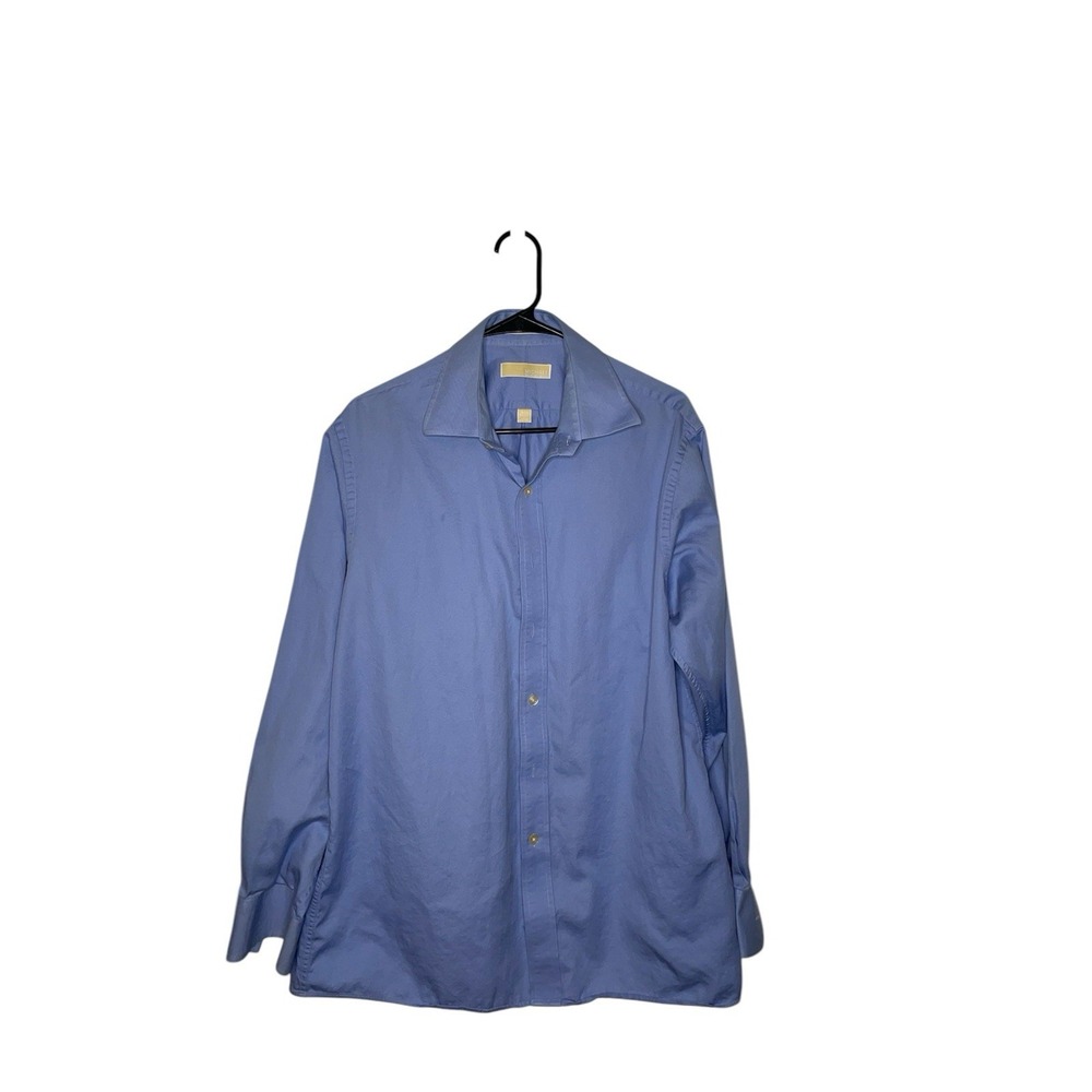 Michael Kors Button Front Shirt L 16 34 35 Long Sleeve Blue Plaid 100% Cotton‎